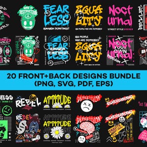 以下が含まれることがあります： PNG、SVG、PDF、EPS形式の20種類のフロント＆バックデザインのコレクション。 「Fear Less」、「Nocturnal」、「Attitude」などのフレーズやイラスト、シンボルなど、さまざまなグラフィックとテキスト要素がデザインされています。