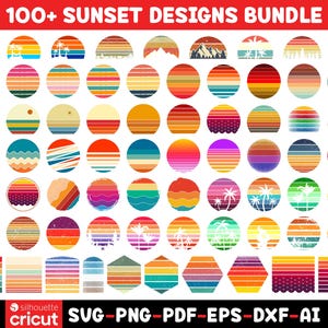 Op de afbeelding: Een digitale collectie van meer dan 100 zonsondergangontwerpen met cirkelvormige, zeshoekige en vierkante vormen, horizontale strepen in diverse kleurenpaletten, palmbomen, bergen en golven, met de tekst 100+ SUNSET DESIGNS BUNDLE.