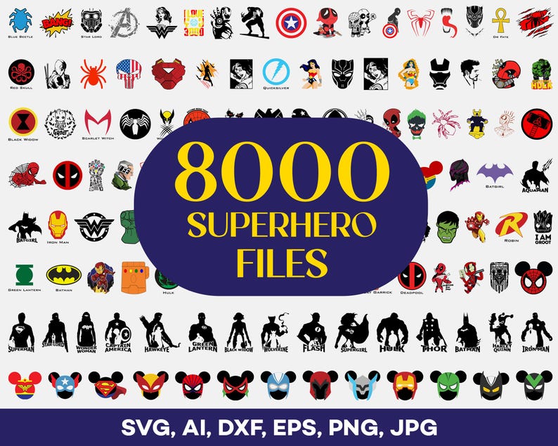 May include: A digital graphic design featuring numerous superhero logos and silhouettes. The image includes the text "8000 SUPERHERO FILES" in yellow on a dark blue oval. Below, it lists file formats: SVG, AI, DXF, EPS, PNG, JPG.