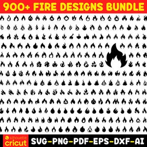 May include: A digital collection of over 900 black fire flame silhouettes arranged in a grid. The top banner reads 900+ FIRE DESIGNS BUNDLE in yellow text. The bottom banner displays the text SVG-PNG-PDF-EPS-DXF-AI with the Cricut logo.