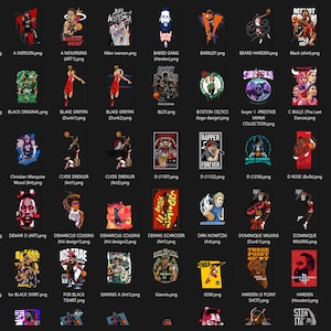 May include: A collection of graphic designs featuring basketball players and team logos. The designs include portraits, action shots, and team emblems, with text overlays. The color palette varies, with bold colors and dynamic compositions.