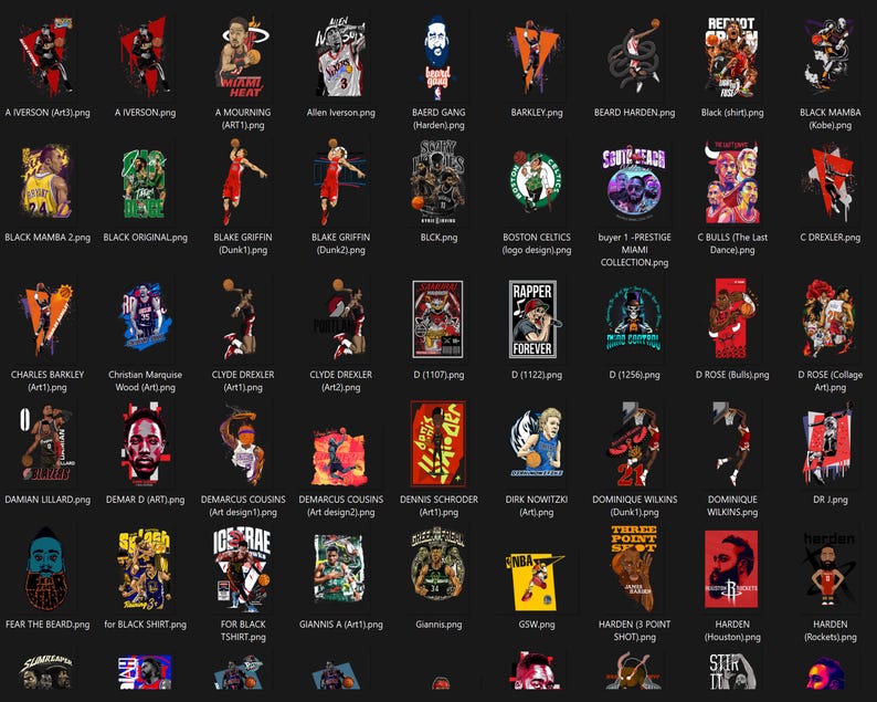 May include: A collection of graphic designs featuring basketball players and team logos. The designs include portraits, action shots, and team emblems, with text overlays. The color palette varies, with bold colors and dynamic compositions.