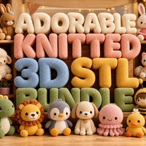 May include: A collection of adorable, knitted 3D STL bundle toys, including a cat, bear, bunny, duck, sheep, deer, lion, penguin, dog, octopus, bee, and dinosaur. The toys are arranged on wooden shelves.