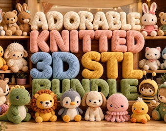 May include: A collection of adorable, knitted 3D STL bundle toys, including a cat, bear, bunny, duck, sheep, deer, lion, penguin, dog, octopus, bee, and dinosaur. The toys are arranged on wooden shelves.