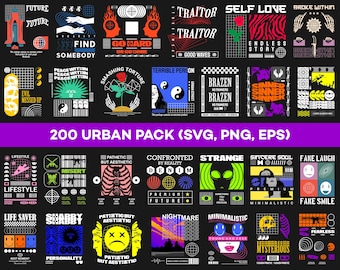May include: A collection of graphic designs with various themes and text, including "FUTURE", "FIND SOMEBODY", and "TRAITOR". The designs feature diverse imagery, such as hands, flames, and abstract shapes, in a variety of colors. The text "200 URBAN PACK" is also present.