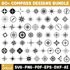 May include: A digital collection of over 80 black and white compass designs arranged in a grid. The image features the text 80+ COMPASS DESIGNS BUNDLE at the top and SVG-PNG-PDF-EPS-DXF-AI at the bottom, with a silhouette cricut logo included.