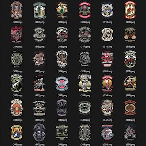 May include: A collection of vintage-style graphic designs, featuring various themes such as motorcycles, aviation, and sports. Each design is a circular or rectangular emblem with text and illustrations, suitable for apparel or accessories.