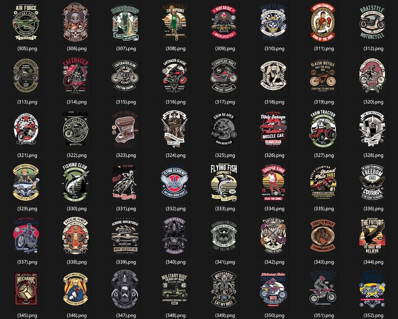 May include: A collection of vintage-style graphic designs, featuring various themes such as motorcycles, aviation, and sports. Each design is a circular or rectangular emblem with text and illustrations, suitable for apparel or accessories.