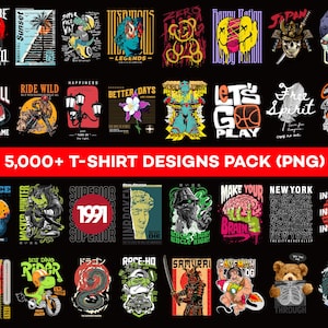 May include: A collection of graphic designs for t-shirts, featuring various illustrations and text. Designs include a vampire, a sunset scene, a football helmet, a basketball, and a teddy bear. The text "5,000+ T-SHIRT DESIGNS PACK (PNG)" is also present.
