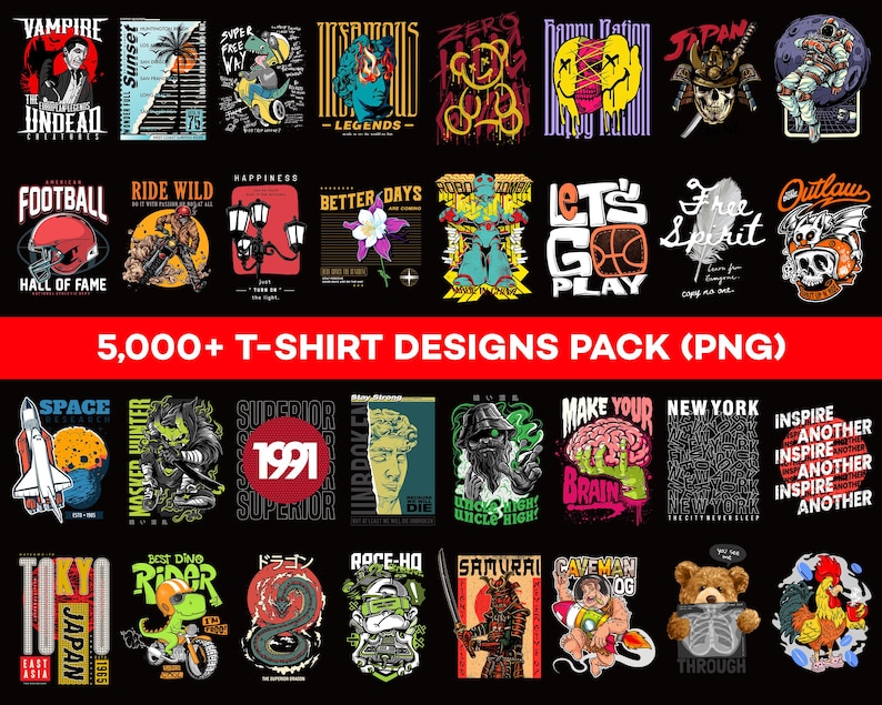 May include: A collection of graphic designs for t-shirts, featuring various illustrations and text. Designs include a vampire, a sunset scene, a football helmet, a basketball, and a teddy bear. The text "5,000+ T-SHIRT DESIGNS PACK (PNG)" is also present.