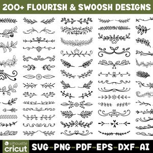 May include: A collection of over 200 black and white flourish and swoosh designs featuring various botanical, floral, and decorative line elements arranged in a grid. The text 200+ FLOURISH & SWOOSH DESIGNS and SVG-PNG-PDF-EPS-DXF-AI is visible.