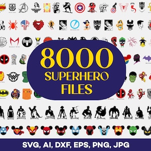 Superhelden SVG-bundel, helden PNG- en SVG-bestanden, stripfiguren snijbestanden, Cricut Silhouette, EPS, DXF, AI, PNG, direct downloaden