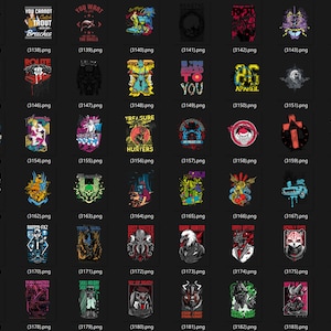 May include: Collection of graphic t-shirt designs with various themes, including text and illustrations. Designs feature phrases like "Work Hard, Fish Harder" and images of animals, skulls, and other graphics. The color palette includes red, blue, and black.
