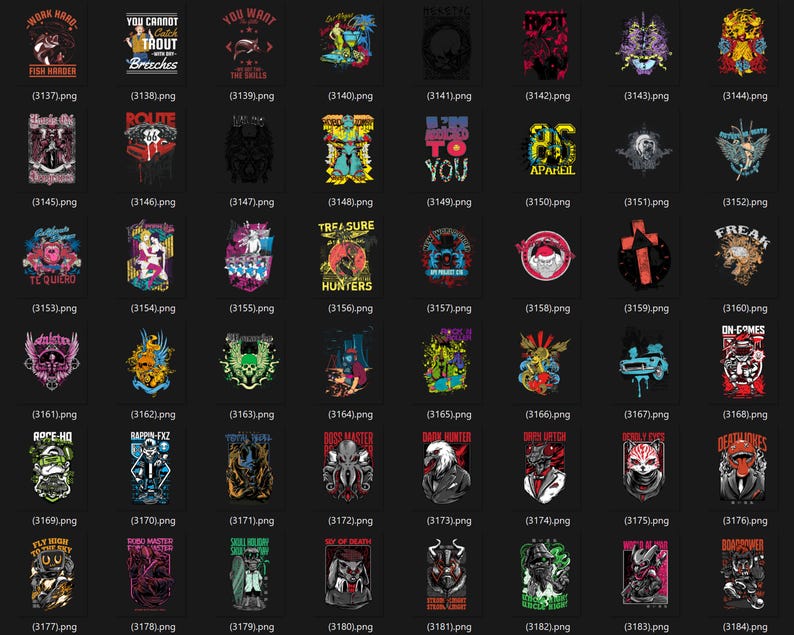 May include: Collection of graphic t-shirt designs with various themes, including text and illustrations. Designs feature phrases like "Work Hard, Fish Harder" and images of animals, skulls, and other graphics. The color palette includes red, blue, and black.