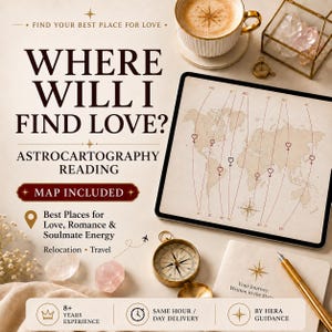 May include: An astrocartography reading service featuring a tablet displaying a world map with heart symbols and celestial lines, a brass compass, a gold pen, a coffee cup, and rose quartz crystals. Text includes WHERE WILL I FIND LOVE?