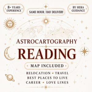 Op de afbeelding: Afbeelding die een Astrocartografie Reading promoot, met hemelse illustraties en de woorden "Astrocrtography Reading". Het ontwerp bevat een zon, maan, sterren en een kompasroos. Tekst bevat "Relocation, Travel, Best Places to Live, Career, Love Lines."