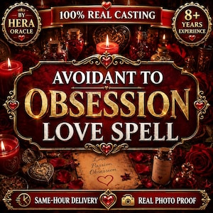Puede incluir: Un gráfico digital con el texto AVOIDANT TO OBSESSION LOVE SPELL en letras doradas y blancas. El fondo muestra velas rojas, frascos de vidrio, pétalos de rosa rojos y un papel de pergamino con las palabras Love Passion Obsession.
