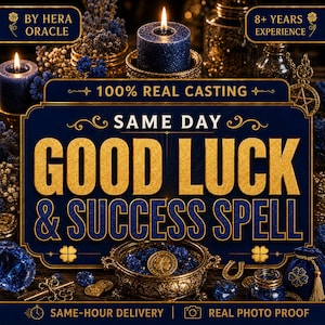 Puede incluir: Un letrero rectangular azul oscuro con texto dorado que dice BY HERA ORACLE, 8+ YEARS EXPERIENCE, 100% REAL CASTING, SAME DAY GOOD LUCK & SUCCESS SPELL, SAME-HOUR DELIVERY y REAL PHOTO PROOF, rodeado de velas azules, cuencos dorados y monedas.