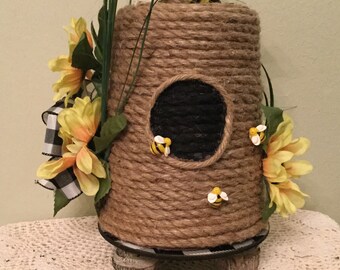 Bee Skep Floral Centerpiece Upcycled Container on Riser Housewarming Spring Home Decor Handmade Original Ready to Ship