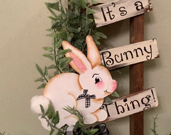 Bunny Ladder Spring Decor Easter Housewarming Bunny Lover Hand Painted Ready to Ship
