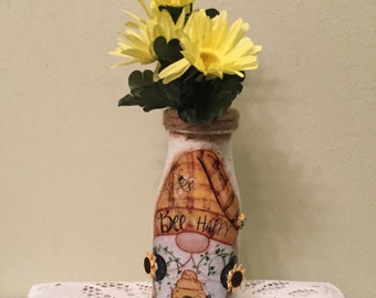 Bee Gnome on Upcycled Bottle Housewarming Spring Decor Bee Lover Shelf Setter Bee Collector Handmade Ready To Ship