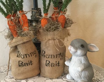 Bunny Bait Burlap Bag with Distressed Carrots. Housewarming. Easter. Country. Handmade. Ready to Ship. Cottage Chic. Spring. Shelf Setter