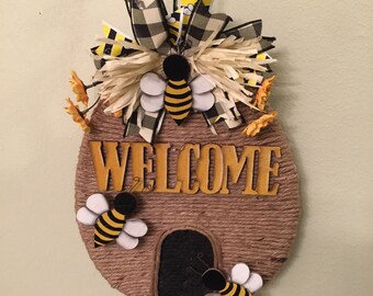 Bee Door Wall Decor Spring Floral Welcome Bee Sign  Housewarming Bee Lover Bee Collector Handmade Ready To Ship. Spring Decor Bee Decor