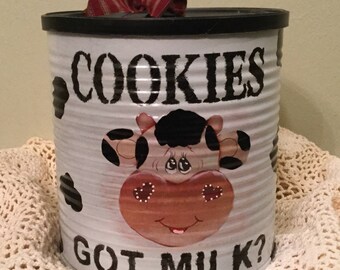 Cookie Tin Cow Spots Black White Utensil Holder Tin Housewarming Country Storage Farm Decor Cottage Chic Handmade Cow Lover Cookie Storage
