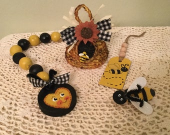 Bee Bundle Tier Tray Display Spring Housewarming Bee Skep Farm Bee Beads Chip Clip Wood Tag  4 piece set  handmade Ready to Ship Mothers Day