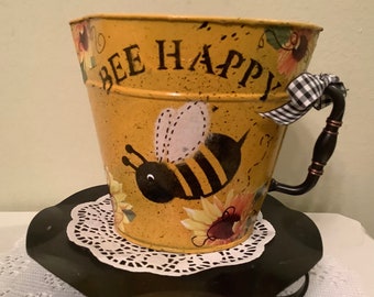 Bee Decor on Bent Tin Pitcher HousewarmingSpring Decor Bee lover Bee collector HandDecorated Ready to ship