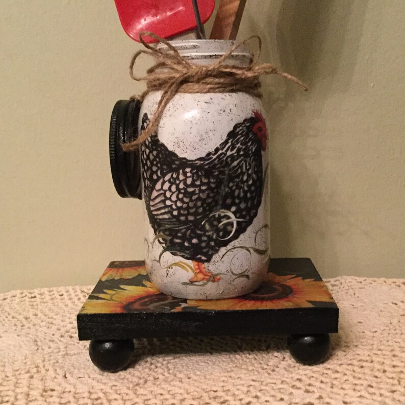 Chicken Mason Jar Utensil Flower Holder on Riser Board Farm Etsy