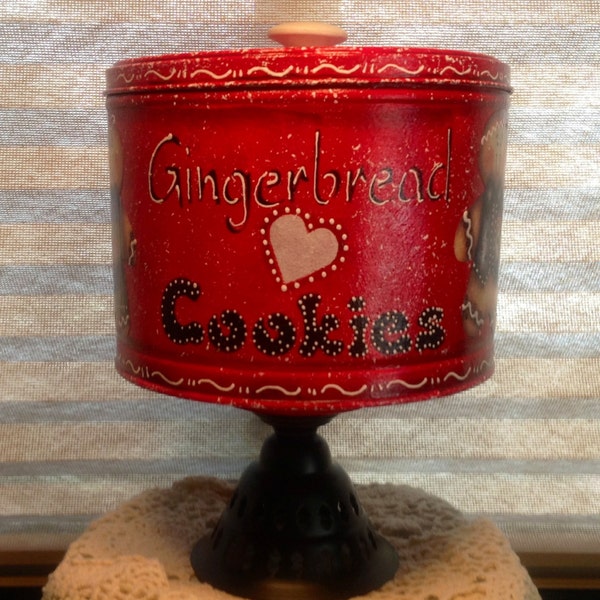 Cookie Gingerbread Storage Tin on Pedestal.Kitchen Decor.Ginger Lover. Up Cycled Storage..Country Decor. Ginger Kitchen.Housewarming Gift