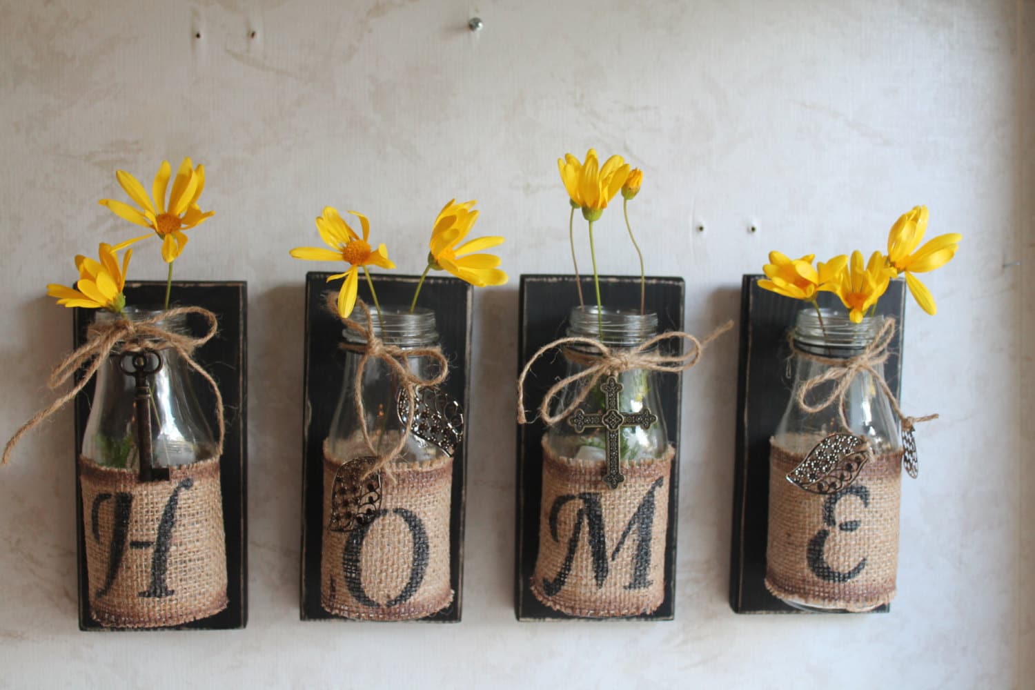 HOME Wall Decor..Set of 4...Upcycled Bottles....HOME Etsy
