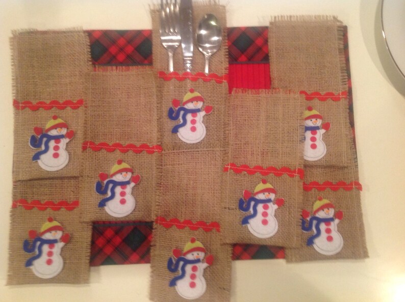 Snowman Burlap Silverware Christmas Decor Silverware Holder Etsy