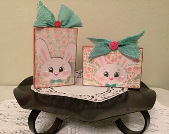 Bunny Blocks Set of Two Tier Tray Bunny Blocks Housewarming Spring Blocks Easter Blocks Ready to Ship Handmade