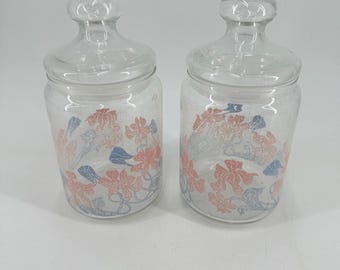 Vintage bloemen glazen apothekerspotten set van 2 roze blauwe botanische jerrycans