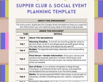 Könnte beinhalten: Eine digitale Google Tabellen-Vorlage für die Planung von Supper Clubs und gesellschaftlichen Veranstaltungen. Die Vorlage enthält Registerkarten für Zeitpläne, Budget, Anbieterinformationen, Ablauf, RSVPs, Marketing-Checkliste und Vor-Party-Checkliste. Sofortiger Download.