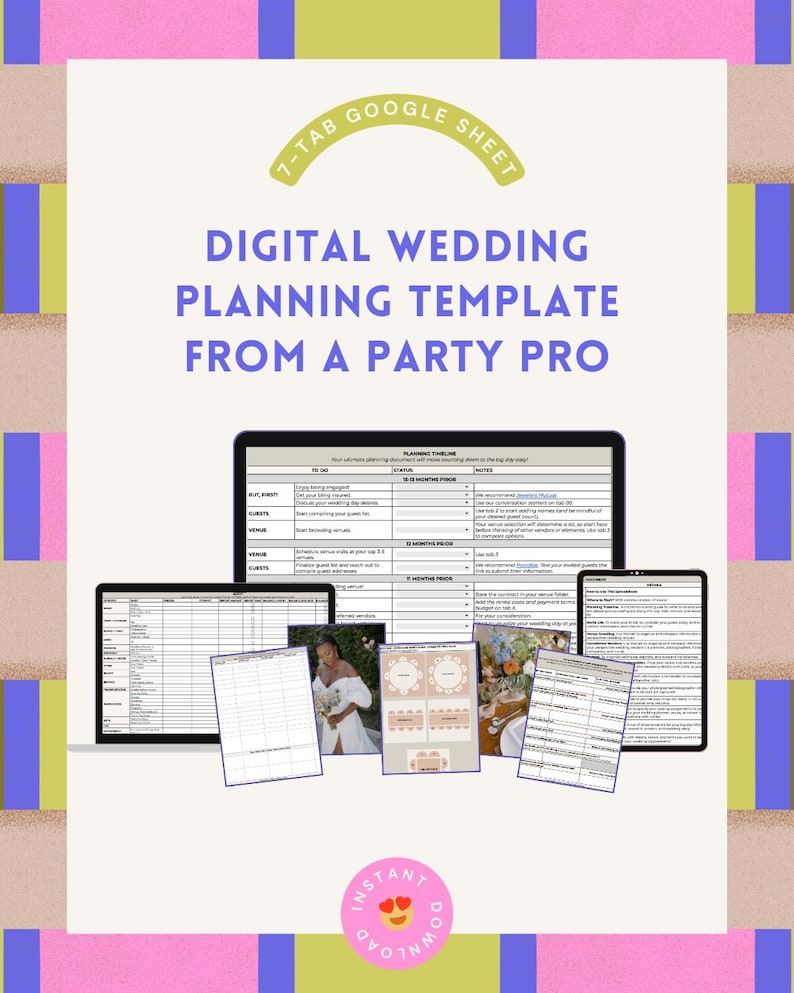 Hochzeitsplaner Vorlage | 12-tabelleige Google-Kalkulationstabelle mit Planungszeitleiste, Budget, U.S.P.-Liste, Checkliste für die Organisation der Lieferanten Bild 1