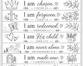 May include: A black and white rectangular print titled Who God Says I Am, featuring ten horizontal rows of text with affirmations like I am loved, I am chosen, and I am forgiven, each accompanied by line art icons including hearts, flowers, a crown, and a cross.