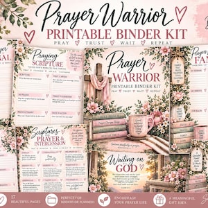 Puede incluir: Un kit de carpeta imprimible digital titulado Prayer Warrior que incluye 17 páginas con diseños florales, detalles en rosa y texto religioso. Las páginas contienen secciones para un diario de oración, estudio de escrituras y notas con corazones.