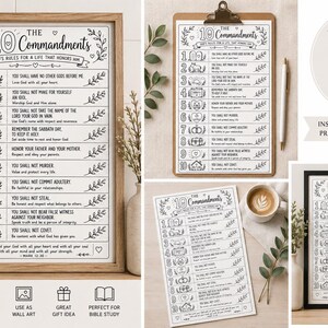 May include: A black and white printable wall art poster featuring The 10 Commandments with numbered list items, illustrative icons for each rule, and the text God's Rules for a Life That Honors Him, displayed in frames and on a clipboard.