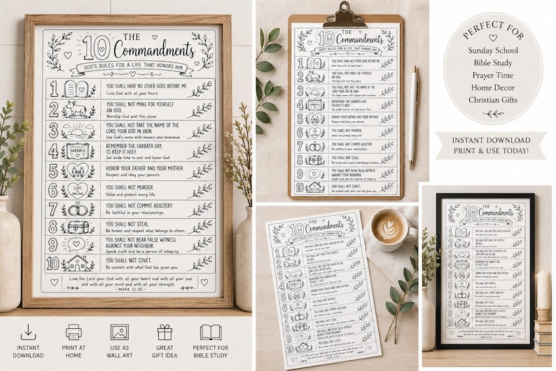 May include: A black and white printable wall art poster featuring The 10 Commandments with numbered list items, illustrative icons for each rule, and the text God's Rules for a Life That Honors Him, displayed in frames and on a clipboard.