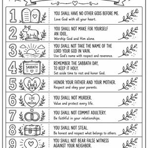 May include: A black and white printable chart titled The 10 Commandments, God's Rules for a Life That Honours Him. It lists ten numbered rules with corresponding line art icons, including tablets, a calf, sun, scroll, family, heart, rings, chest, speech bubble, and house.