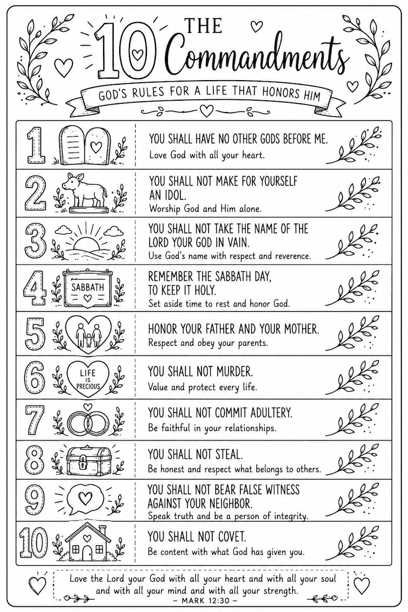 May include: A black and white printable chart titled The 10 Commandments, God's Rules for a Life That Honours Him. It lists ten numbered rules with corresponding line art icons, including tablets, a calf, sun, scroll, family, heart, rings, chest, speech bubble, and house.