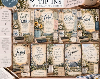 May include: A digital collection of 10 printable Bible verse tip-ins featuring floral and rustic landscape designs. Each 5 inch by 7 inch card displays inspirational text, including phrases like Trust in the Lord, Be Still and Know, and His Grace is Enough.
