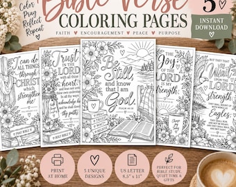 May include: A set of five printable Bible verse colouring pages featuring floral illustrations and inspirational text. Each page includes scripture quotes such as Be Still and Know That I Am God, Trust in the Lord, and I Can Do All Things Through Christ.