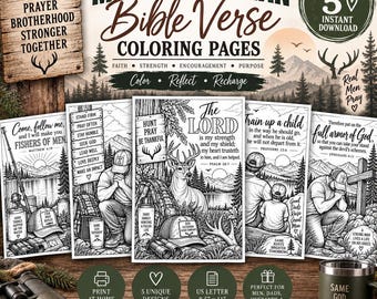 May include: A set of five printable colouring pages featuring black and white illustrations of outdoor scenes, deer, and religious text. The pages include phrases like The Lord is my strength, Fishers of Men, and Armor of God, with US letter 21.6 x 27.9 cm sizing.