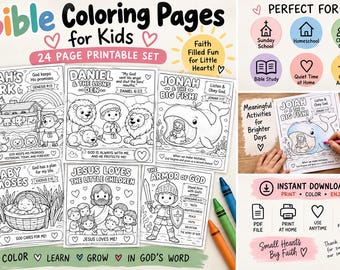 May include: A 24-page printable set of Bible colouring pages for kids featuring black and white illustrations of Noah's Ark, Daniel, Jonah, Baby Moses, Jesus, and the Armor of God, with text including Bible verses and themes for educational activities.