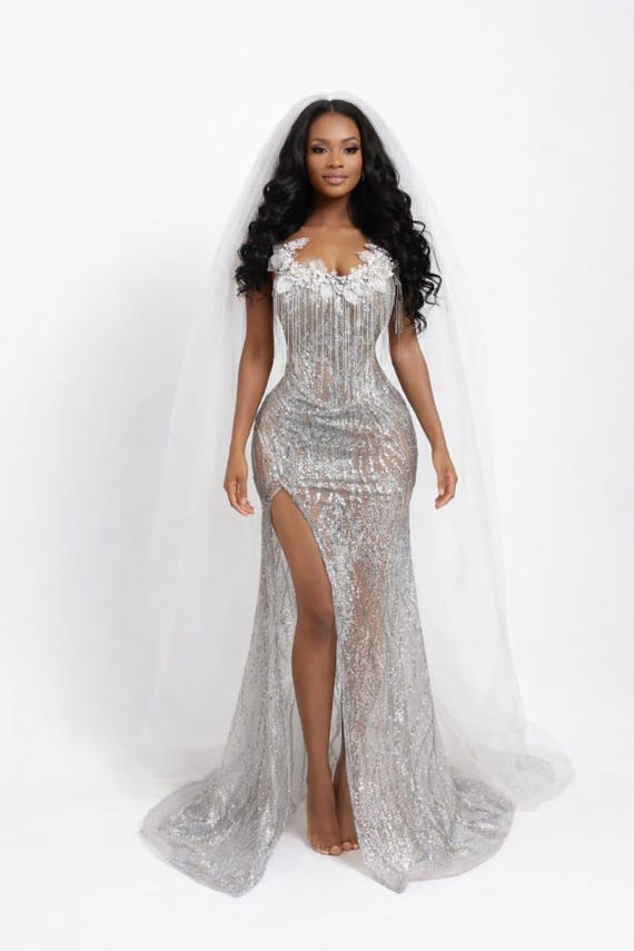 silver overlay dress Silver prom luxury beaded bridal lace dress, beaded corset wedding dress, wedding guest dress