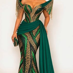 beaded kente dress Beaded Structured Bodice Ball Gown With Drop Waist
